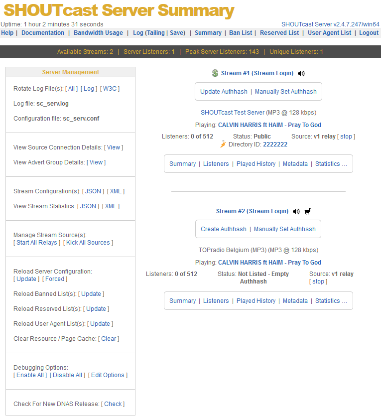 Example Administration Page Showing the Server Source Connection Page